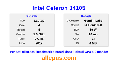 Intel Celeron J4105 Specifiche e benchmark della CPU