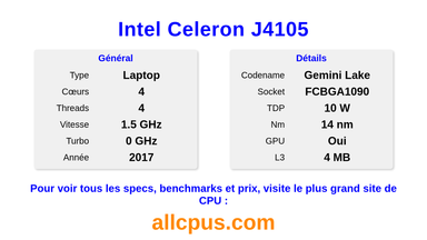 Intel Celeron J4105 Spécifications et benchmarks du CPU