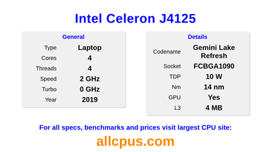 Intel Celeron J4125 CPU Specifications and Benchmark