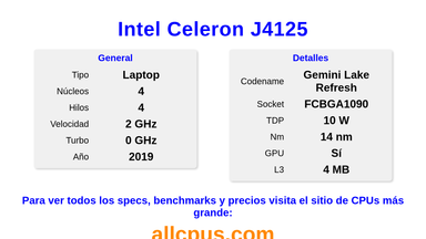 Intel Celeron J4125 Especificaciones y benchmarks de la CPU