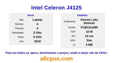 Intel Celeron J4125 Especificações e benchmarks da CPU