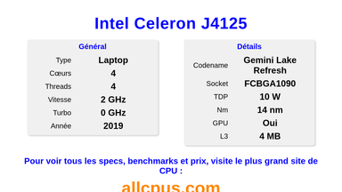 Intel Celeron J4125 Spécifications et benchmarks du CPU
