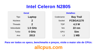 Intel Celeron N2805 Especificações e benchmarks da CPU