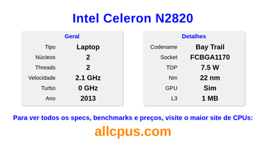 Intel Celeron N2820 Especificações e benchmarks da CPU