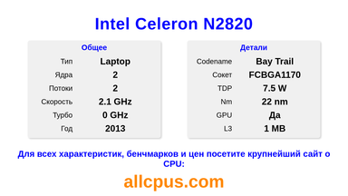 Intel Celeron N2820 Характеристики и бенчмарки CPU