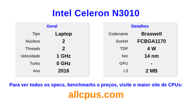 Intel Celeron N3010 Especificações e benchmarks da CPU