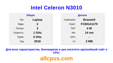 Intel Celeron N3010 Характеристики и бенчмарки CPU