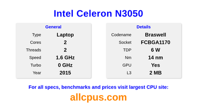 Intel Celeron N3050 CPU Specifications and Benchmark