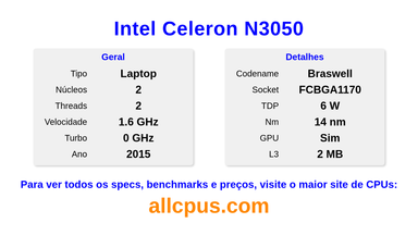 Intel Celeron N3050 Especificações e benchmarks da CPU