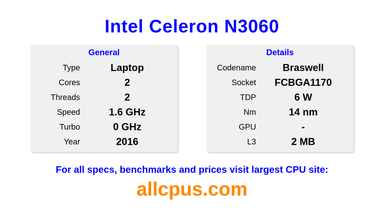 Intel Celeron N3060 CPU Specifications and Benchmark