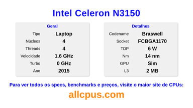 Intel Celeron N3150 Especificações e benchmarks da CPU