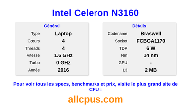 Intel Celeron N3160 Spécifications et benchmarks du CPU
