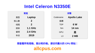 Intel Celeron N3350E CPU 规格和跑分