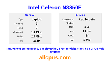 Intel Celeron N3350E Especificaciones y benchmarks de la CPU