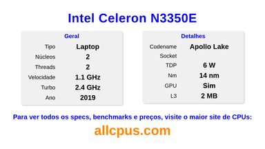 Intel Celeron N3350E Especificações e benchmarks da CPU