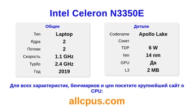 Intel Celeron N3350E Характеристики и бенчмарки CPU
