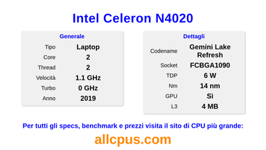 Intel Celeron N4020 Specifiche e benchmark della CPU