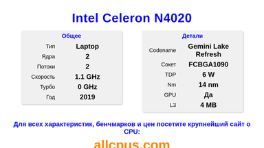 Intel Celeron N4020 Характеристики и бенчмарки CPU