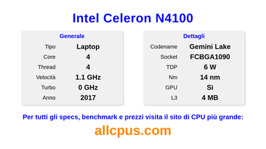 Intel Celeron N4100 Specifiche e benchmark della CPU