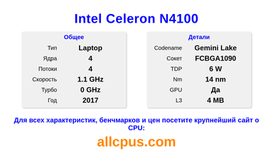 Intel Celeron N4100 Характеристики и бенчмарки CPU