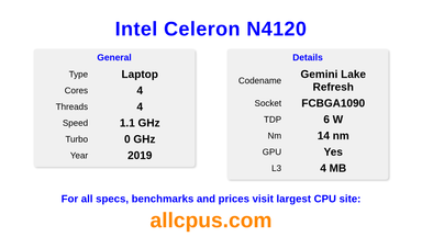 Intel Celeron N4120 CPU Specifications and Benchmark