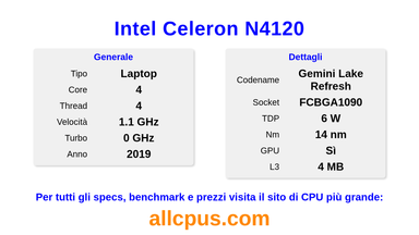 Intel Celeron N4120 Specifiche e benchmark della CPU