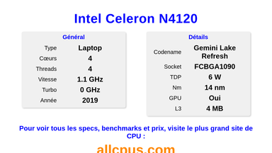 Intel Celeron N4120 Spécifications et benchmarks du CPU