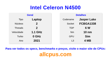 Intel Celeron N4500 Especificações e benchmarks da CPU