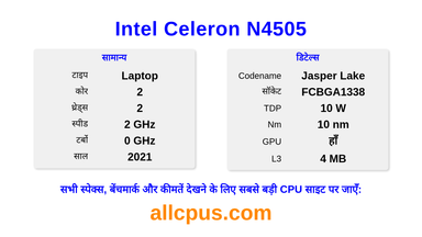 Intel Celeron N4505 CPU की स्पेसिफिकेशन और बेंचमार्क