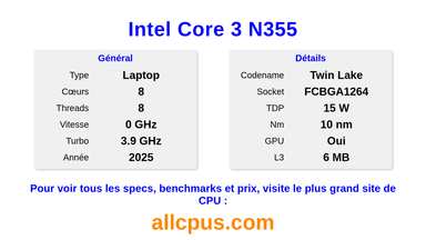 Intel Core 3 N355 Spécifications et benchmarks du CPU