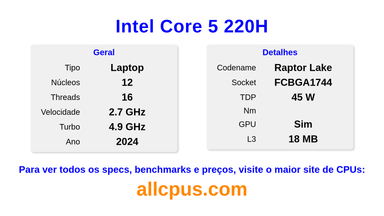 Intel Core 5 220H Especificações e benchmarks da CPU