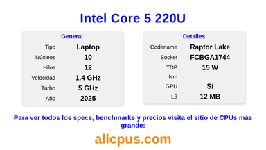 Intel Core 5 220U Especificaciones y benchmarks de la CPU