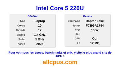 Intel Core 5 220U Spécifications et benchmarks du CPU