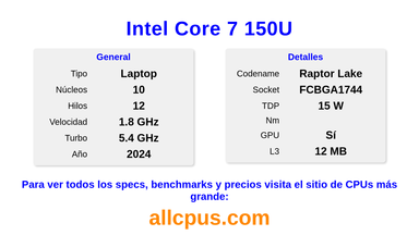 Intel Core 7 150U Especificaciones y benchmarks de la CPU