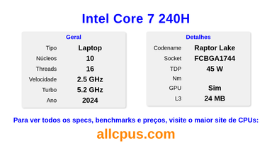 Intel Core 7 240H Especificações e benchmarks da CPU