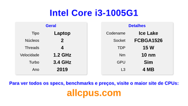 Intel Core i3-1005G1 Especificações e benchmarks da CPU