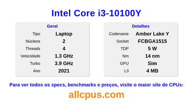 Intel Core i3-10100Y Especificações e benchmarks da CPU