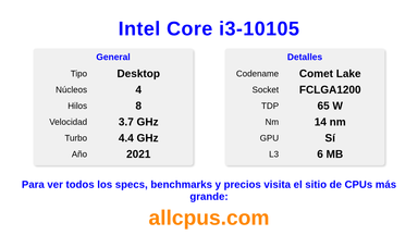 Intel Core i3-10105 Especificaciones y benchmarks de la CPU