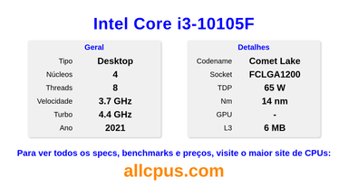 Intel Core i3-10105F Especificações e benchmarks da CPU