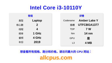 Intel Core i3-10110Y CPU 规格和跑分
