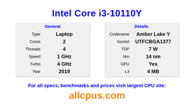 Intel Core i3-10110Y CPU Specifications and Benchmark