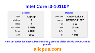 Intel Core i3-10110Y Especificaciones y benchmarks de la CPU