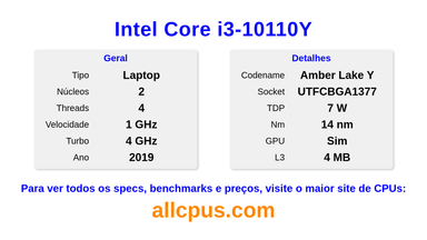 Intel Core i3-10110Y Especificações e benchmarks da CPU