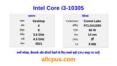 Intel Core i3-10305 CPU की स्पेसिफिकेशन और बेंचमार्क