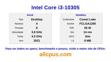 Intel Core i3-10305 Especificações e benchmarks da CPU