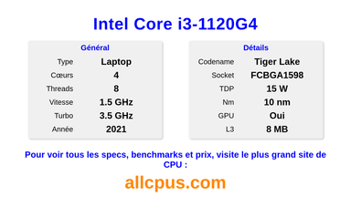 Intel Core i3-1120G4 Spécifications et benchmarks du CPU