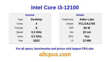 Intel Core i3-12100 CPU Specifications and Benchmark