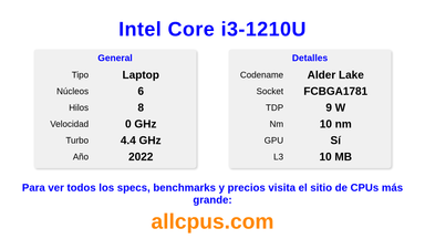 Intel Core i3-1210U Especificaciones y benchmarks de la CPU