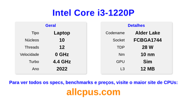 Intel Core i3-1220P Especificações e benchmarks da CPU