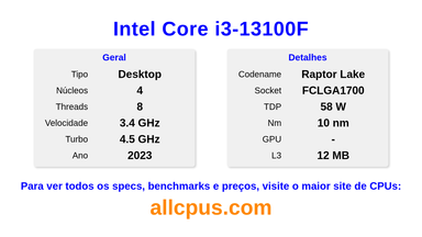 Intel Core i3-13100F Especificações e benchmarks da CPU